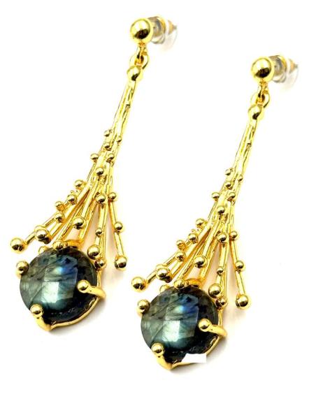 PENDIENTES LARGOS DORADOS CON PIEDRA VERDE OLIVA | BODA Y EVENTO