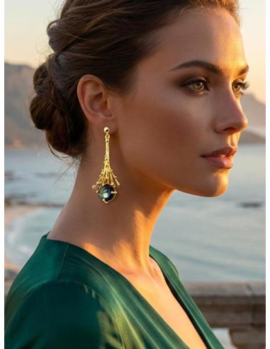 PENDIENTES LARGOS DORADOS CON PIEDRA VERDE OLIVA | BODA Y EVENTO