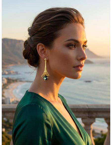 PENDIENTES LARGOS DORADOS CON PIEDRA VERDE OLIVA | BODA Y EVENTO