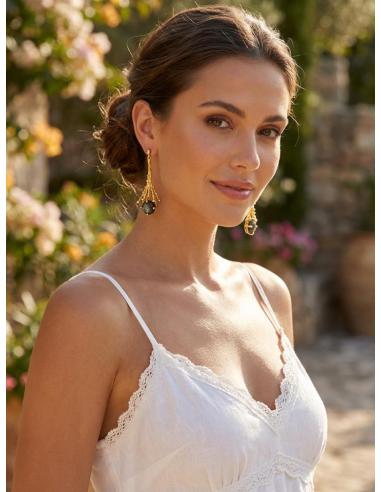 PENDIENTES LARGOS DORADOS CON PIEDRA VERDE OLIVA | BODA Y EVENTO