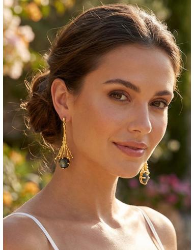 PENDIENTES LARGOS DORADOS CON PIEDRA VERDE OLIVA | BODA Y EVENTO