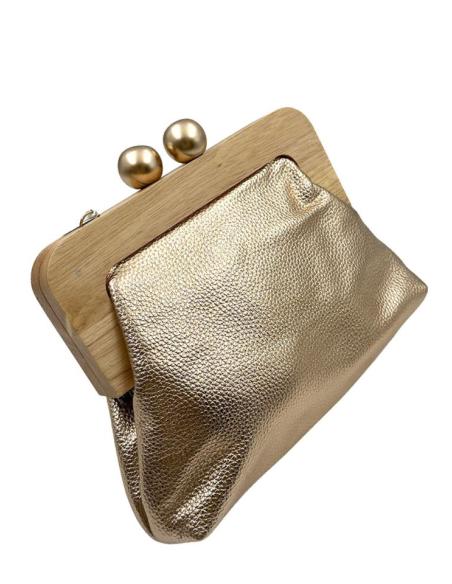 BOLSOS FIESTA ORO ROSA CON BOQUILLA DE MADERA | BOLSOS BODA
