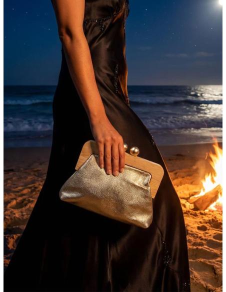 BOLSOS FIESTA ORO ROSA CON BOQUILLA DE MADERA | BOLSOS BODA