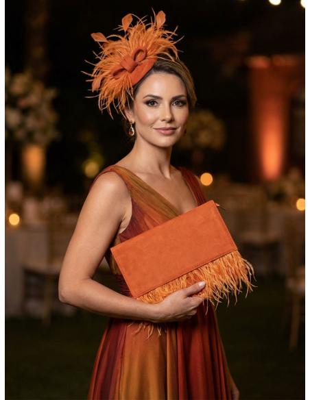 CARTERAS NARANJAS CON PLUMAS DE FIESTA Y BODA | BOLSOS INVITADA