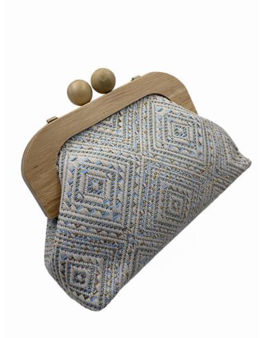 BOLSO BEIGE Y AZUL CLARO YUTE CON MADERA | ACCESORIO INVITADA BODAS