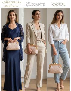 BOLSO BEIGE Y CORAL ESTILO YUTE CON MADERA | ACCESORIO INVITADA BODAS 2