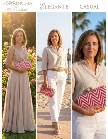 CLUTCH RAFIA FUCSIA Y BEIGE PARA BODAS DE VERANO | BOLSOS INVITADA