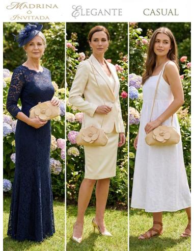 BOLSO RAFIA DE INVITADA BEIGE TOSTADO CON FLOR | IDEAL BODAS Y VERANO