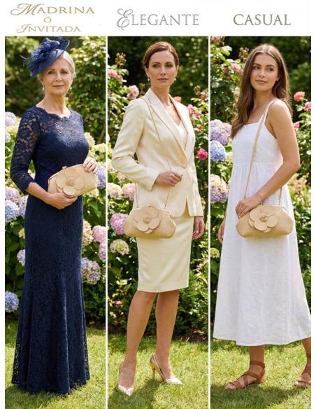 BOLSO RAFIA DE INVITADA BEIGE TOSTADO CON FLOR | IDEAL BODAS Y VERANO