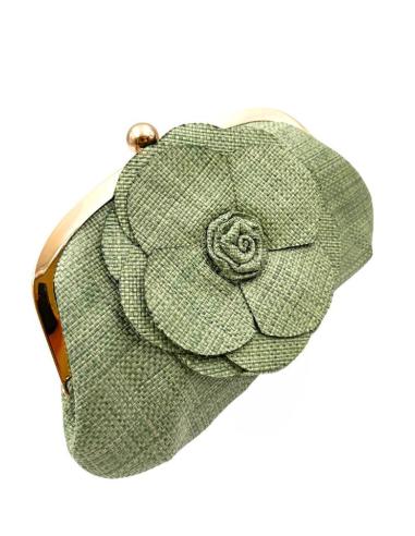 BOLSO RAFIA VERDE SECO DE INVITADA CON FLOR | IDEAL BODAS Y VERANO