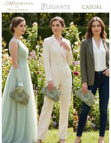 BOLSO RAFIA VERDE SECO DE INVITADA CON FLOR | IDEAL BODAS Y VERANO
