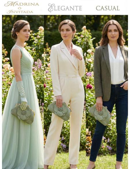 BOLSO RAFIA VERDE SECO DE INVITADA CON FLOR | IDEAL BODAS Y VERANO