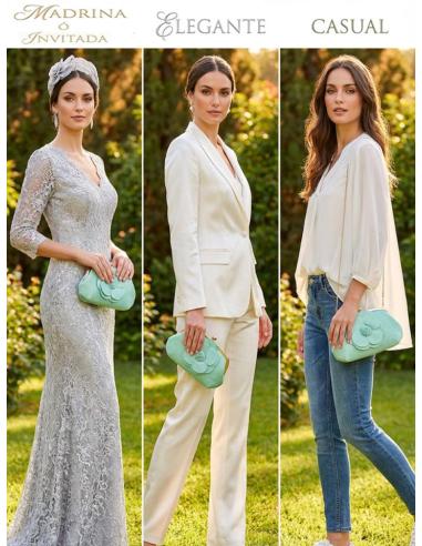 BOLSO RAFIA VERDE AGUA DE INVITADA CON FLOR | IDEAL BODAS Y VERANO