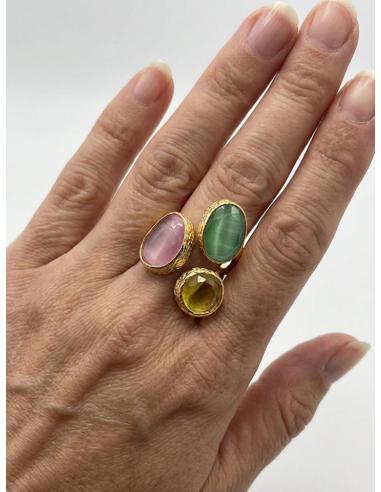 ANILLOS MUJER TRIO PIEDRAS MOSTAZA ROSA Y VERDE | BODAS