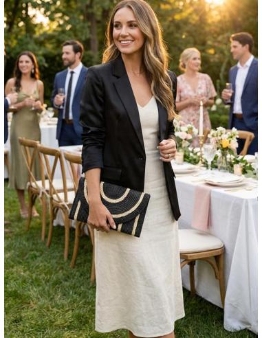 BOLSOS NEGROS ESTILO RAFIA CON RIBETE BEIGE ROTO | CARTERAS VERANO