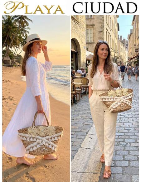 CAPAZOS DE PAJA DECORADO EN BLANCO Y NATURAL | BOLSOS VERANO