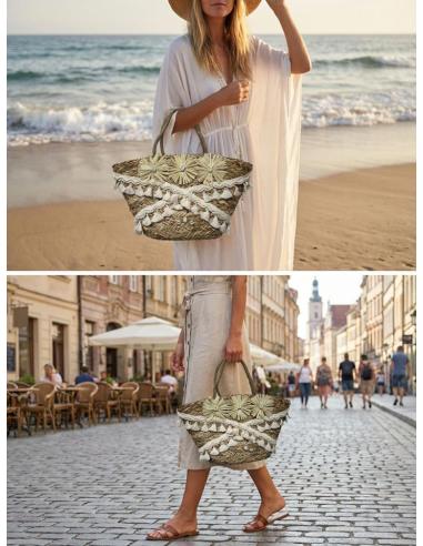 CAPAZOS DE PAJA DECORADO EN BLANCO Y NATURAL | BOLSOS VERANO