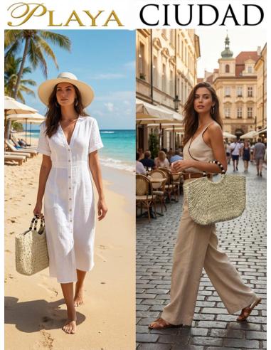 CAPAZOS BEIGE NATURAL CON ASA CORTA DE MADERA | BOLSOS PARA EL VERANO