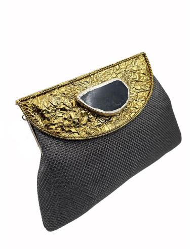 BOLSO GRIS OSCURO SOLAPA METAL MARTILLADO Y PIEDRA | BOLSOS BODA DE MANO