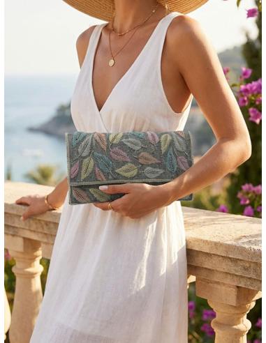 BOLSOS GRISES CARTERA DECORADA CON HOJAS PASTEL | BODA,BAUTIZO
