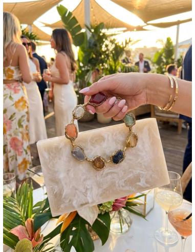 BOLSO BEIGE COLECCION CAREY CON ASA PIEDRA DE MANO | CLUTCH BODA