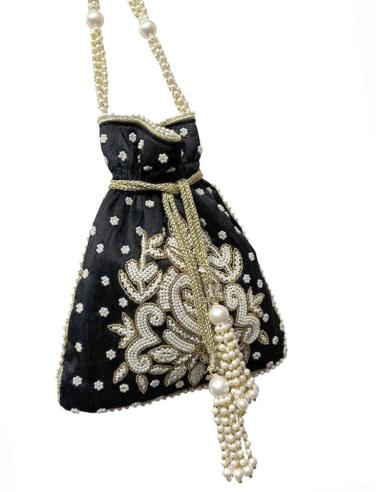BOLSOS DE ASA DE MANO LIMOSNERA NEGRA CON PERLAS | INVITADA,MADRINA