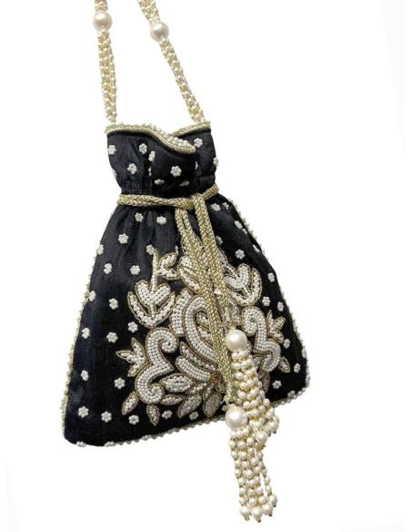 BOLSOS DE ASA DE MANO LIMOSNERA NEGRA CON PERLAS | INVITADA,MADRINA