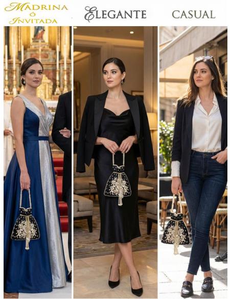 BOLSOS DE ASA DE MANO LIMOSNERA NEGRA CON PERLAS | INVITADA,MADRINA