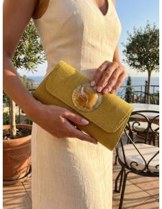 BOLSOS BODA MOSTAZA CARTERA CON ROSETON Y PIEDRA | INVITADA,MADRINA 2