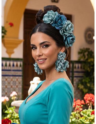 PENDIENTES INVITADA VERDES AGUA FLORES DE TELA | ESTILO FLAMENCA