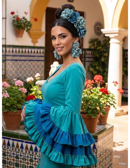 PENDIENTES INVITADA VERDES AGUA FLORES DE TELA | ESTILO FLAMENCA
