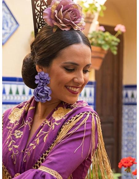 PENDIENTES INVITADA LILAS GRANDES FLORES DE TELA | ESTILO FLAMENCA