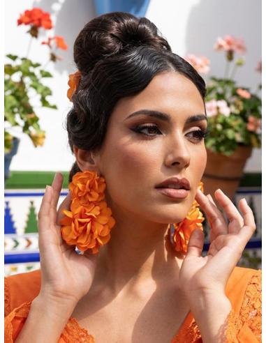 PENDIENTES INVITADA NARANJAS GRANDES FLOR TELA | ESTILO FLAMENCA