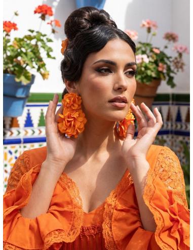 PENDIENTES INVITADA NARANJAS GRANDES FLOR TELA | ESTILO FLAMENCA