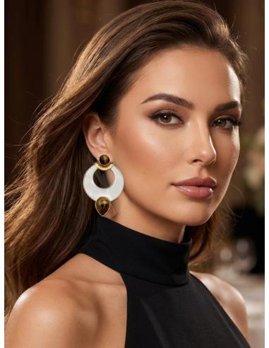 PENDIENTES DE AROS BLANCOS Y MARRONES OJO DE TIGRE | JOYAS BODA