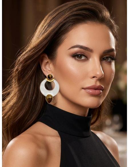 PENDIENTES DE AROS BLANCOS Y MARRONES OJO DE TIGRE | JOYAS BODA