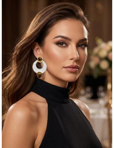 PENDIENTES DE AROS BLANCOS Y MARRONES OJO DE TIGRE | JOYAS BODA