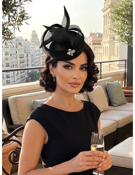 TOCADO BODA CASQUETE COCTEL NEGRO CON PEDRERIA |INVITADA MADRINA