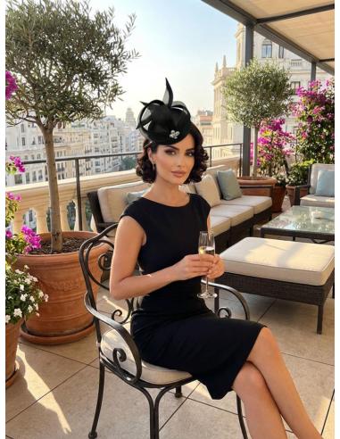 TOCADO BODA CASQUETE COCTEL NEGRO CON PEDRERIA |INVITADA MADRINA