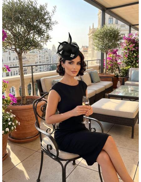 TOCADO BODA CASQUETE COCTEL NEGRO CON PEDRERIA |INVITADA MADRINA