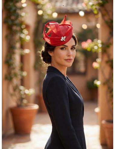 TOCADO INVITADA BODA CASQUETE ROJO CON PEDRERIA | MADRINA