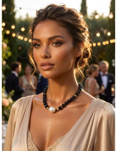 COLLARES CORTOS MUJER PIEDRA NEGRA Y PERLA BARROCA | ELEGANCIA CLASICA