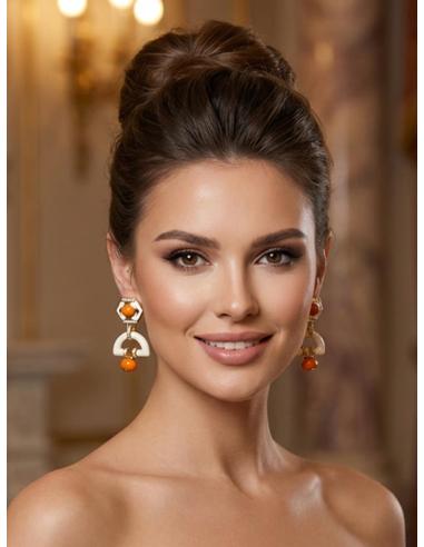 PENDIENTES MUJER LARGOS BLANCO ROTO Y CORAL | JOYA ELEGANTE CHIC