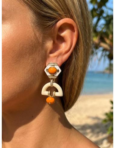 PENDIENTES MUJER LARGOS BLANCO ROTO Y CORAL | JOYA ELEGANTE CHIC