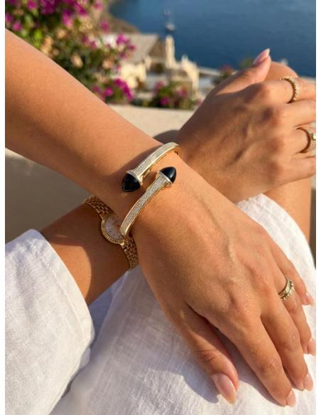 PULSERA DORADA DE MUJER PIEDRA NEGRA Y CIRCONITAS | ESTILO CASUAL