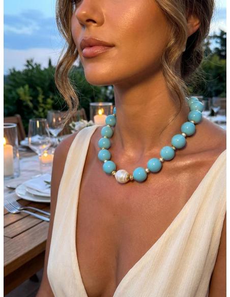 COLLAR MUJER CORTO AZUL TURQUESA CON PERLA BARROCA | CASUAL VERANO