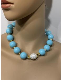 COLLAR MUJER CORTO AZUL TURQUESA CON PERLA BARROCA | CASUAL VERANO 2