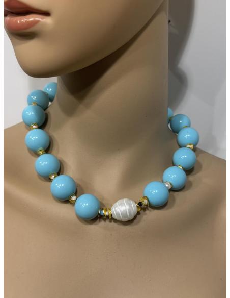 COLLAR MUJER CORTO AZUL TURQUESA CON PERLA BARROCA | CASUAL VERANO