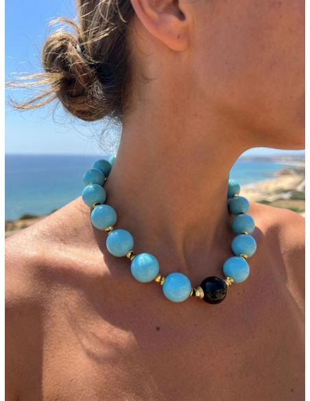 COLLAR MUJER CORTO AZUL TURQUESA Y PIEDRA NEGRA | LOOK ELEGANTE