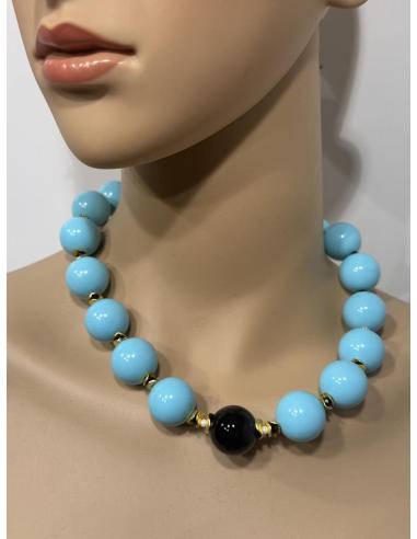 COLLAR MUJER CORTO AZUL TURQUESA Y PIEDRA NEGRA | LOOK ELEGANTE